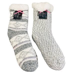 Cuddl Duds Sherpa Lined Gray Cabin Socks Set Of 2 Sz 4-10